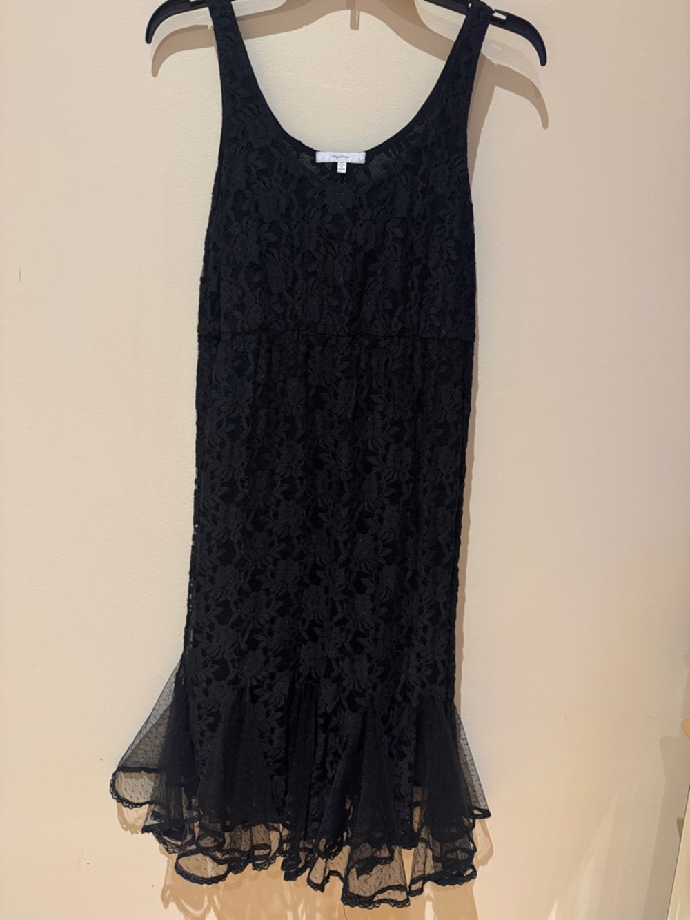 Mystree Black Lace Tank Dress with Mesh Ruffle Fairy Hem